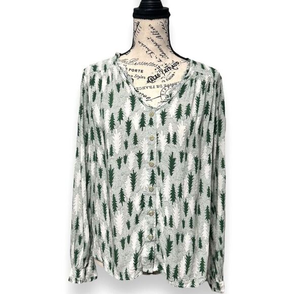Maeve Anthropologie 4 Green White Blouse Holiday Whimsical Cottagecore Flowy Top - Picture 2 of 12